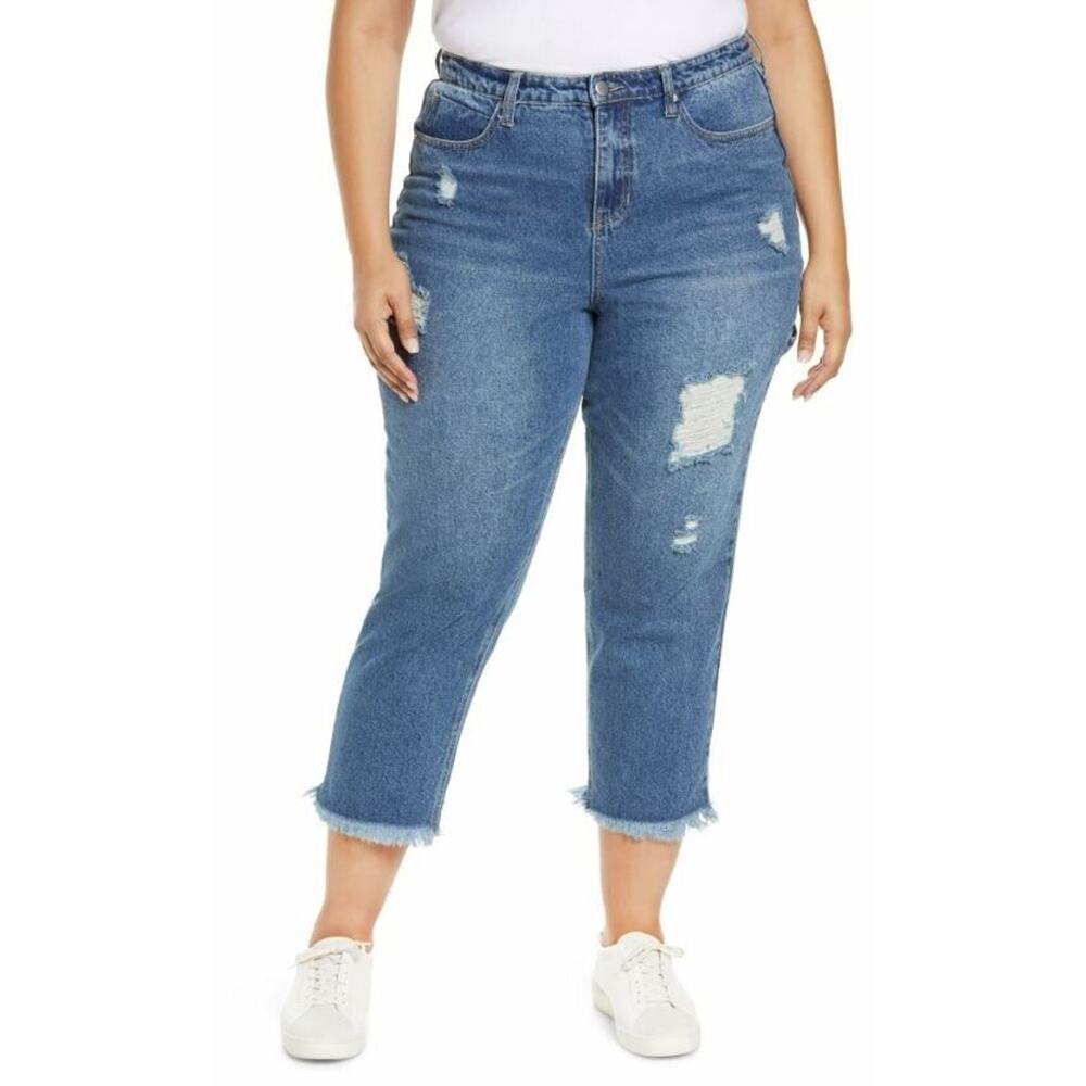 BP Women's Plus Size Carpenter High Waist Frey Hem Crop Blue Jeans Size 14 $45